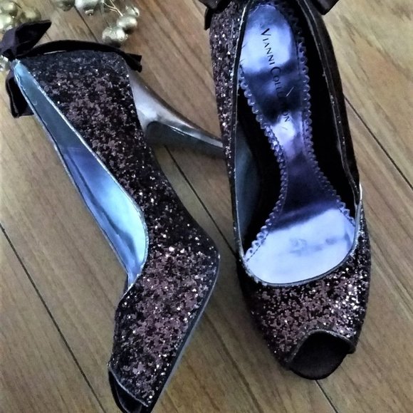 ELEGANT Brown Glitter Crystal Sequined / Satin Jeweled Shoes with bows - Picture 1 of 9